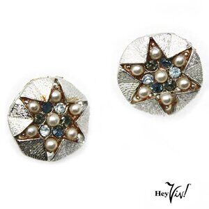 Vintage Coro Clip On Earrings - Silver Star Shape w Pearl & Rhinestones -Hey Viv